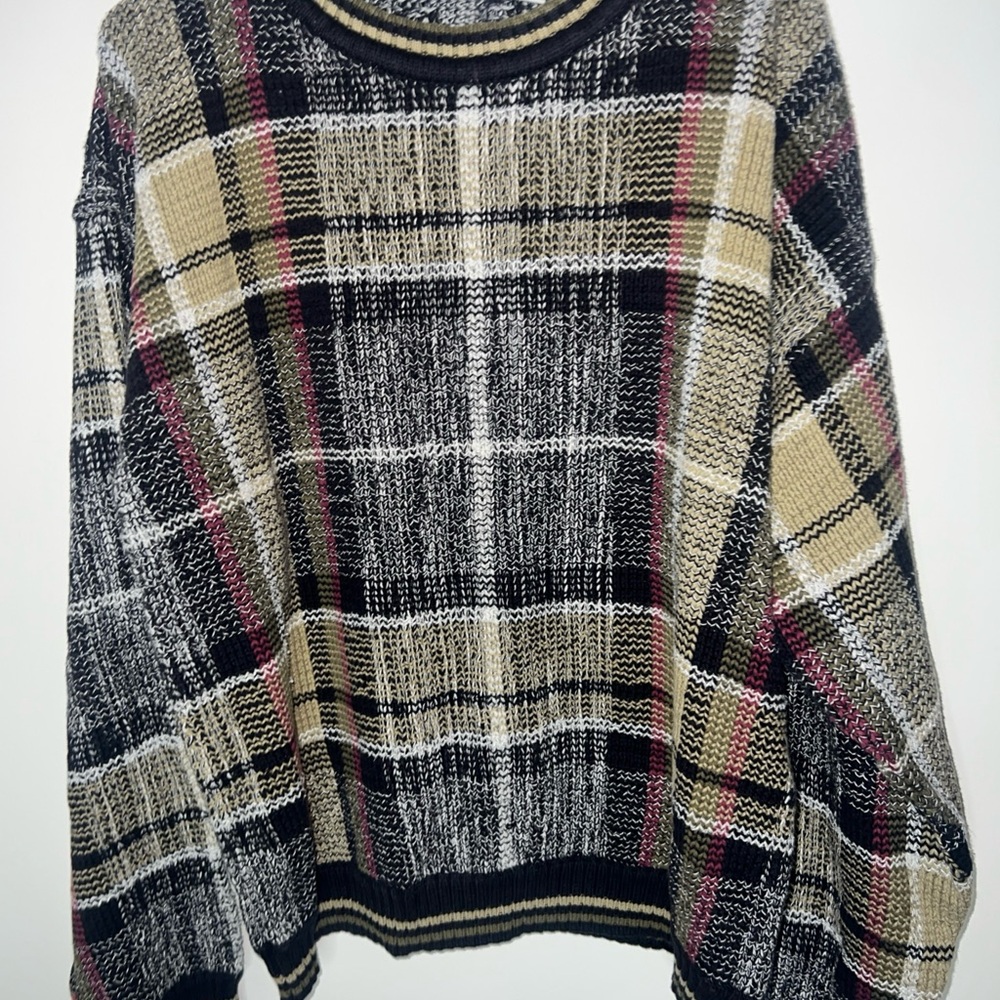 Plaid Crewneck Sweater - Black, Tan, and Pink